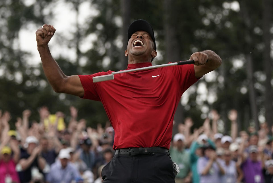 Tiger Woods reacts as he wins the Masters golf tournament Sunday, April 14, 2019, in Augusta, Ga. (AP Photo/David J. Phillip)