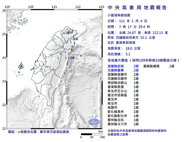 早上7時17分，台灣發生有感地震。（圖／翻攝自中央氣象局）