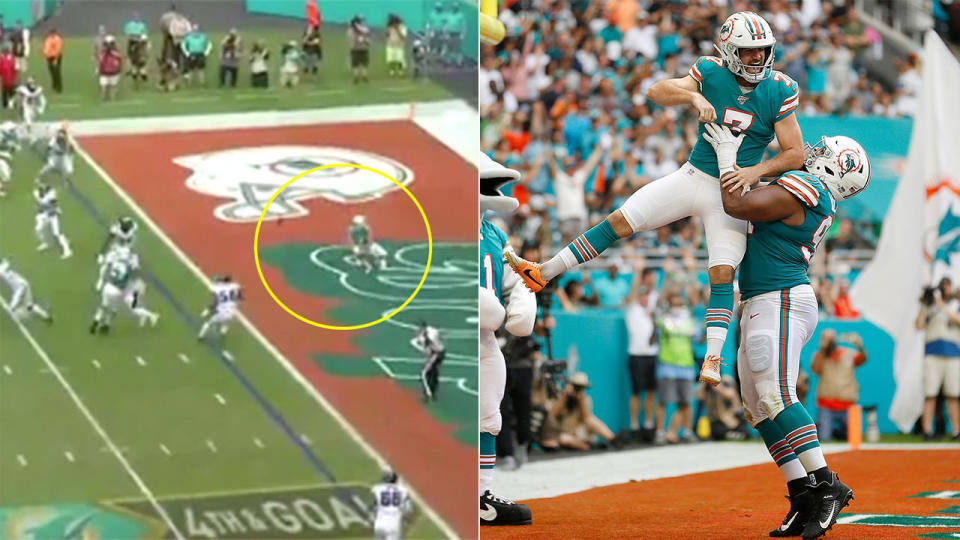 Jason Sanders catches the ball for a touchdown (pictured left) is lifted in the air (pictured right) as the team celebrates.