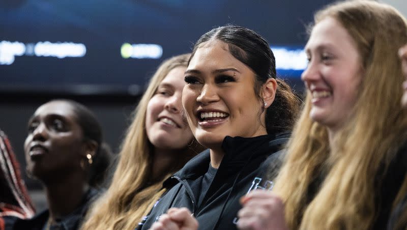 Utah’s Alissa Pili waits as selection results are announced during the viewing party for the Utah women’s basketball NCAA tournament selection at Rice-Eccles Stadium in Salt Lake City on March 12, 2023.