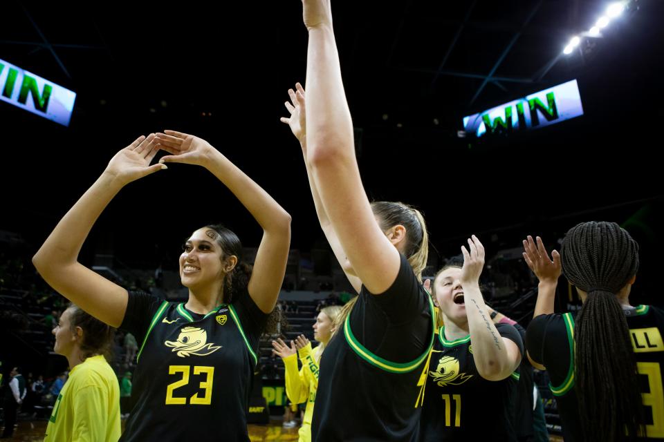 Oregon forward Sarah Rambus waves to the crowd as the Oregon Ducks host Portland State Saturday, Dec. 9, 2023, at Matthew Knight Arena in Eugene, Ore.