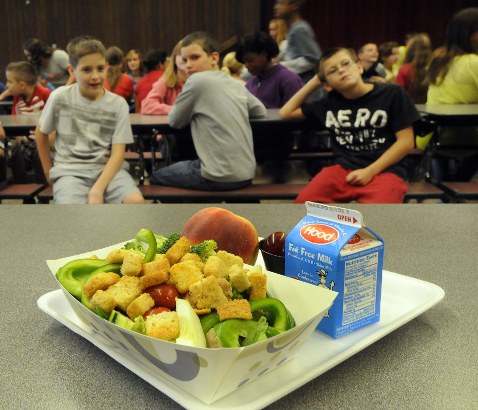 A select healthy chicken salad food item from the lunch line of the cafeteria at Draper Middle School in Rotterdam, N.Y., Tuesday, Sept. 11, 2012. The leaner, greener school lunches served under new federal standards are getting mixed grades from students. (AP Photo/Hans Pennink)