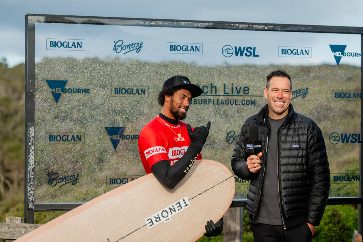 The ever-stylish Kaniela Stewart, who rides the shapes of fellow competitor Kai Sallas.<p>Nic Stephens/World Surf League via Getty Images</p>