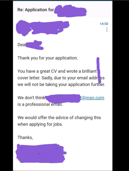 This email says the person has a great resume and brilliant cover letter, but the hiring team don't believe the applicant has a professional email
