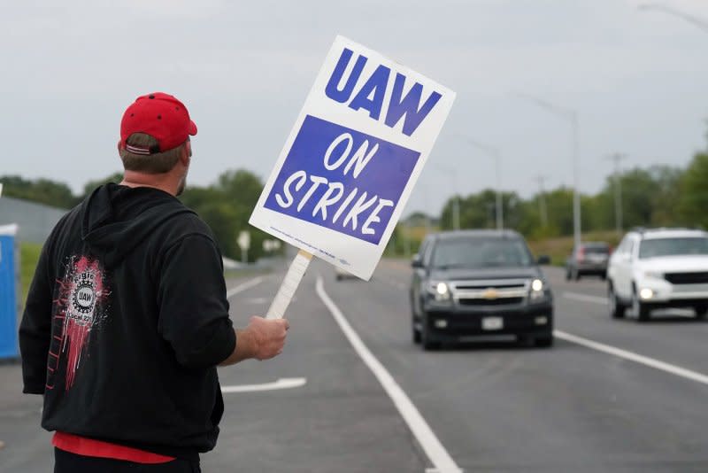 Striking United Auto Workers are seeking a 40% pay raise, citing automaker CEOs' 40% raise over the last four years. Photo by Bill Greenblatt/UPI