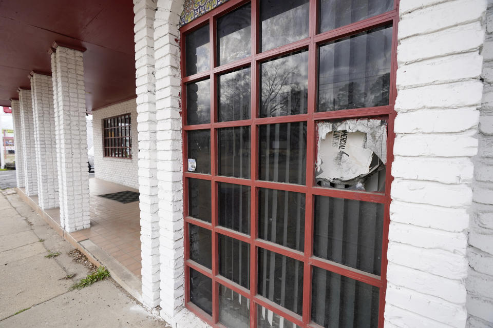 Recent vandalization of Mom's Dream Kitchen in Jackson, Miss., on Feb. 14, 2023, causes concern to the restaurant's owner, Timothy Norris, who is also a licensed professional counselor. Norris said the neighborhood around the restaurant has become less safe, but he is also concerned that proposed legislation by a majority-white Mississippi Legislature would limit self-governance in the majority-Black city. (AP Photo/Rogelio V. Solis)