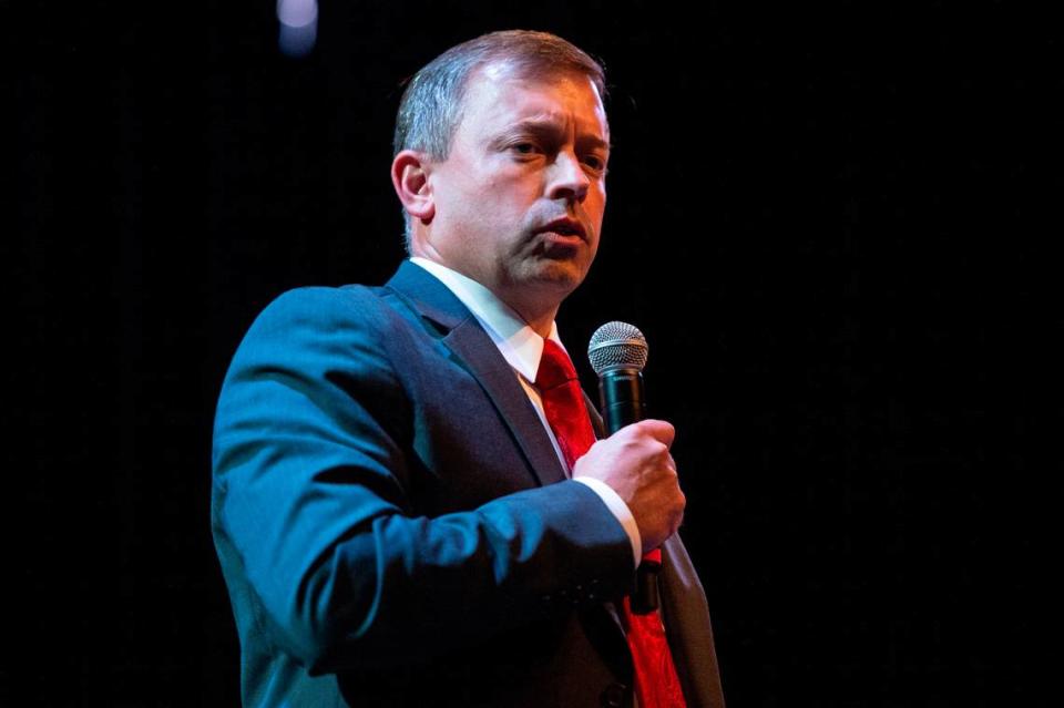 Jackson County Sheriff candidate John Ledbetter speaks during a candidate’s forum at the Mary C O’Keefe Cultural Arts Center in Ocean Springs on Monday, July 31, 2023.