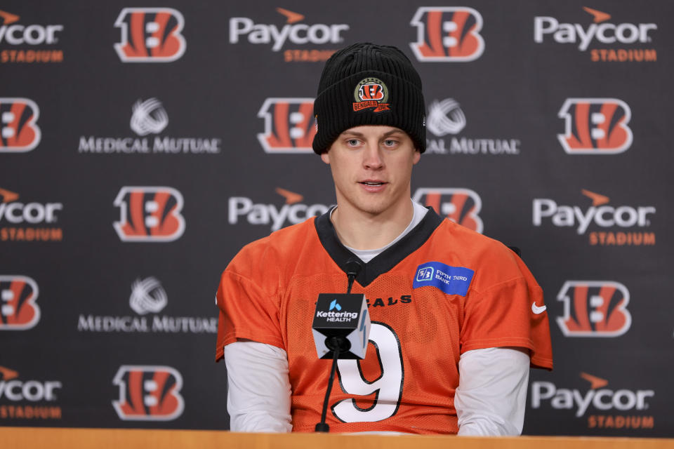 Cincinnati Bengals quarterback Joe Burrow talked about his point of view after Buffalo Bills safety Damar Hamlin faced a medical emergency during their game Monday. (AP Photo/Aaron Doster)