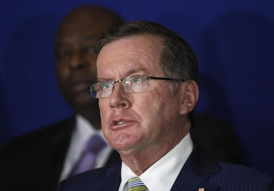 Onondaga County District Attorney William J. Fitzpatrick speaks during a news conference about Syracuse men's basketball coach Jim Boeheim, in Syracuse, N.Y., Thursday, Feb. 21, 2019. Boeheim struck and killed a man along an interstate late Wednesday night as he tried to avoid hitting the man's disabled vehicle, police say. (AP Photo/Nick Lisi)