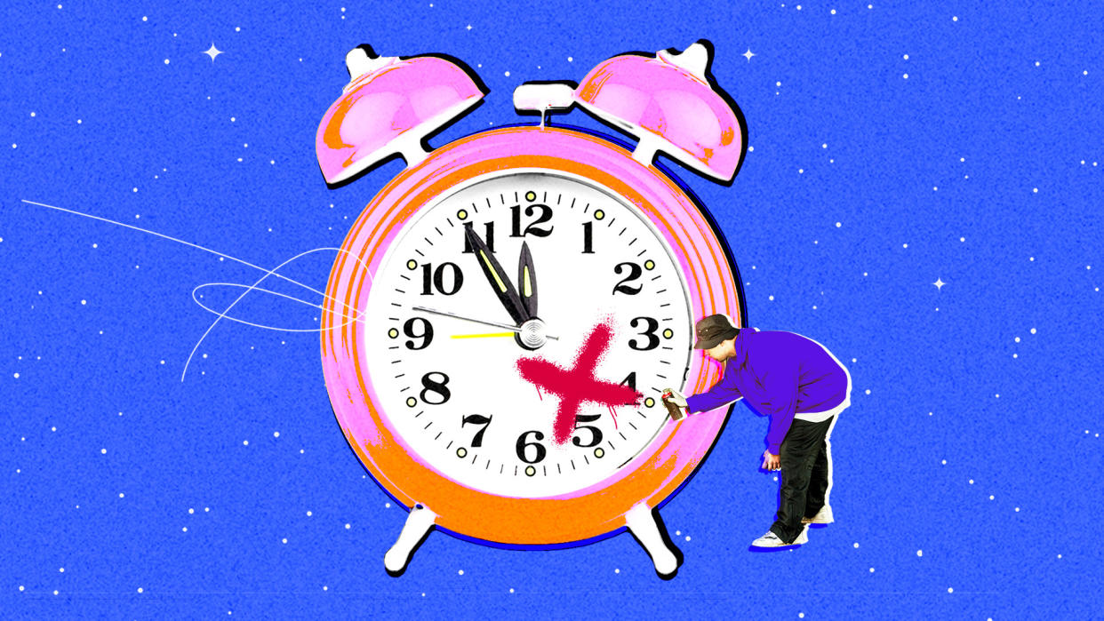 A photo illustration shows a teen spraying graffiti on an alarm clock in front of a starry sky.