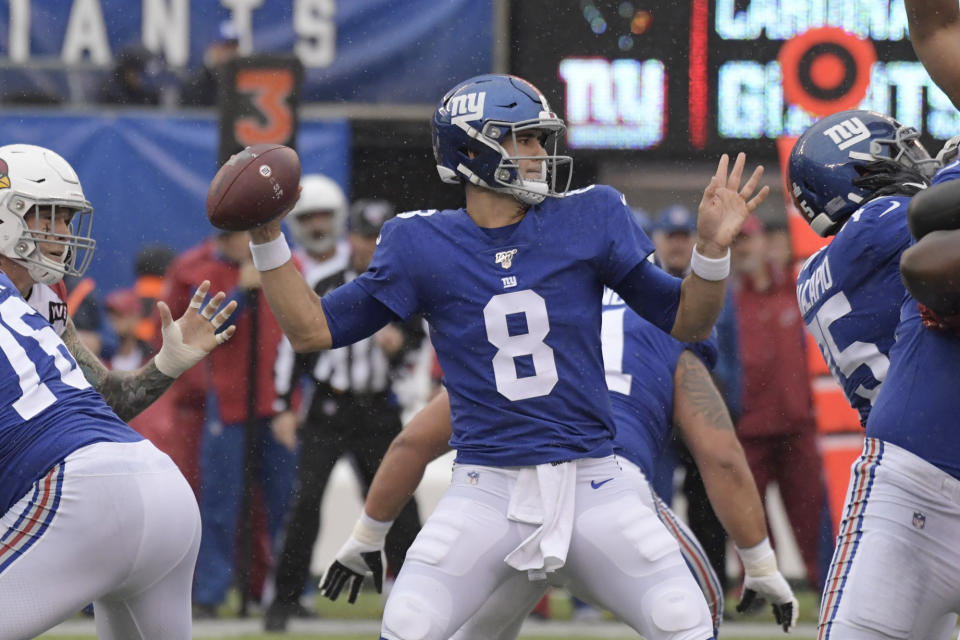 New York Giants quarterback Daniel Jones looks to throw during the first half of an NFL football game against the Arizona Cardinals, Sunday, Oct. 20, 2019, in East Rutherford, N.J. (AP Photo/Bill Kostroun)