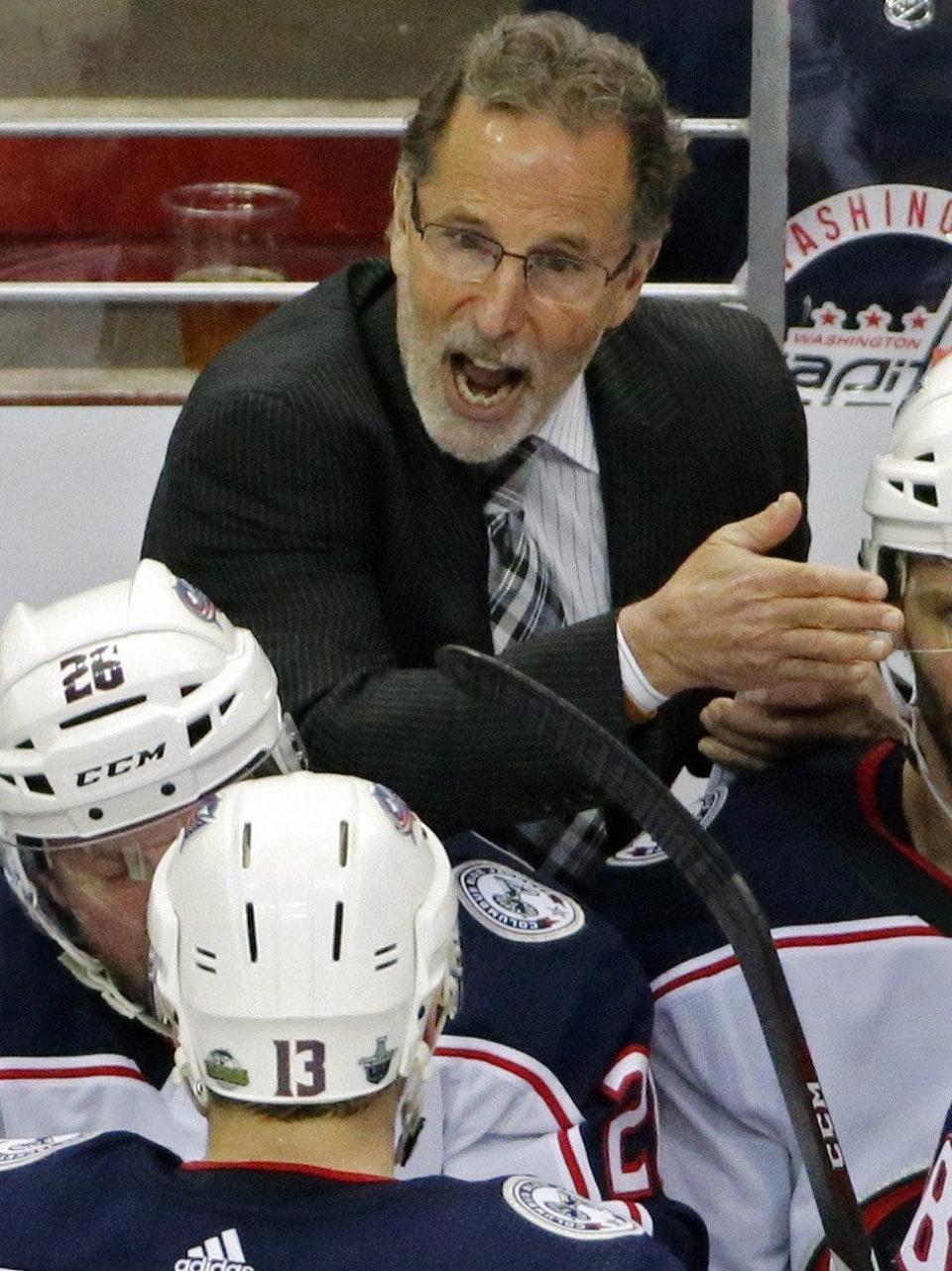 Columbus Blue Jackets coach John Tortorella talks to his team against Washington Capitals during the the 3rd period in Game 2 of the Stanley Cup Playoffs first-round series at Capital One Arena in Washington D.C. on April 15, 2018.  [Kyle Robertson/Dispatch] 