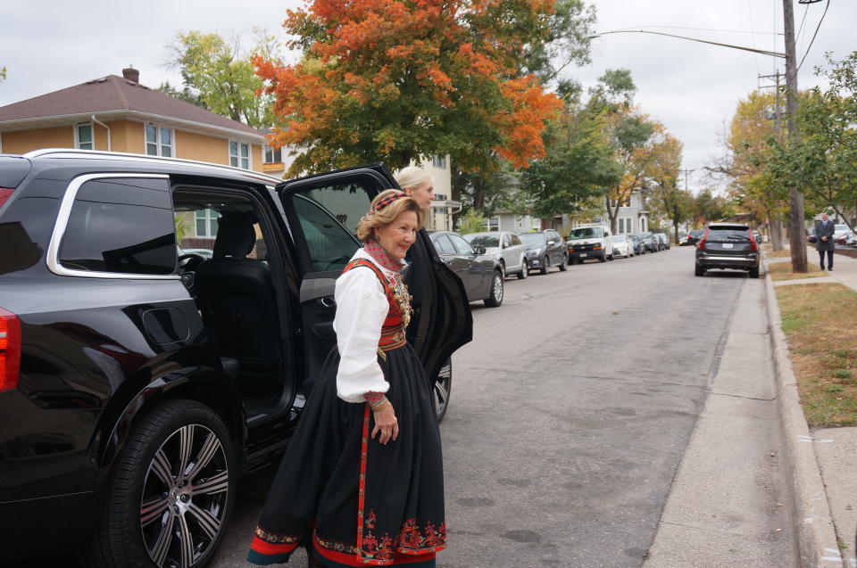 Queen Sonja of Norway arrives at Den Norske Lutherske Mindekirke, the Norwegian Lutheran Memorial Church in Minneapolis, Sunday Oct. 16, 2022. (AP Photo/Giovanna Dell'Orto)