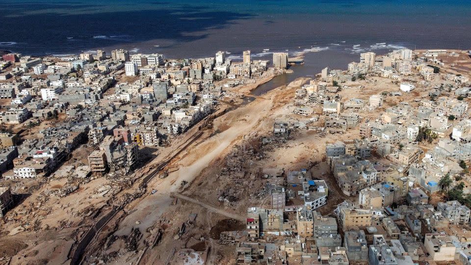 An aerial view shows Derna, Libya, on September 18, 2023, following deadly flash floods. - Mahmud Turkia/AFP/Getty Images