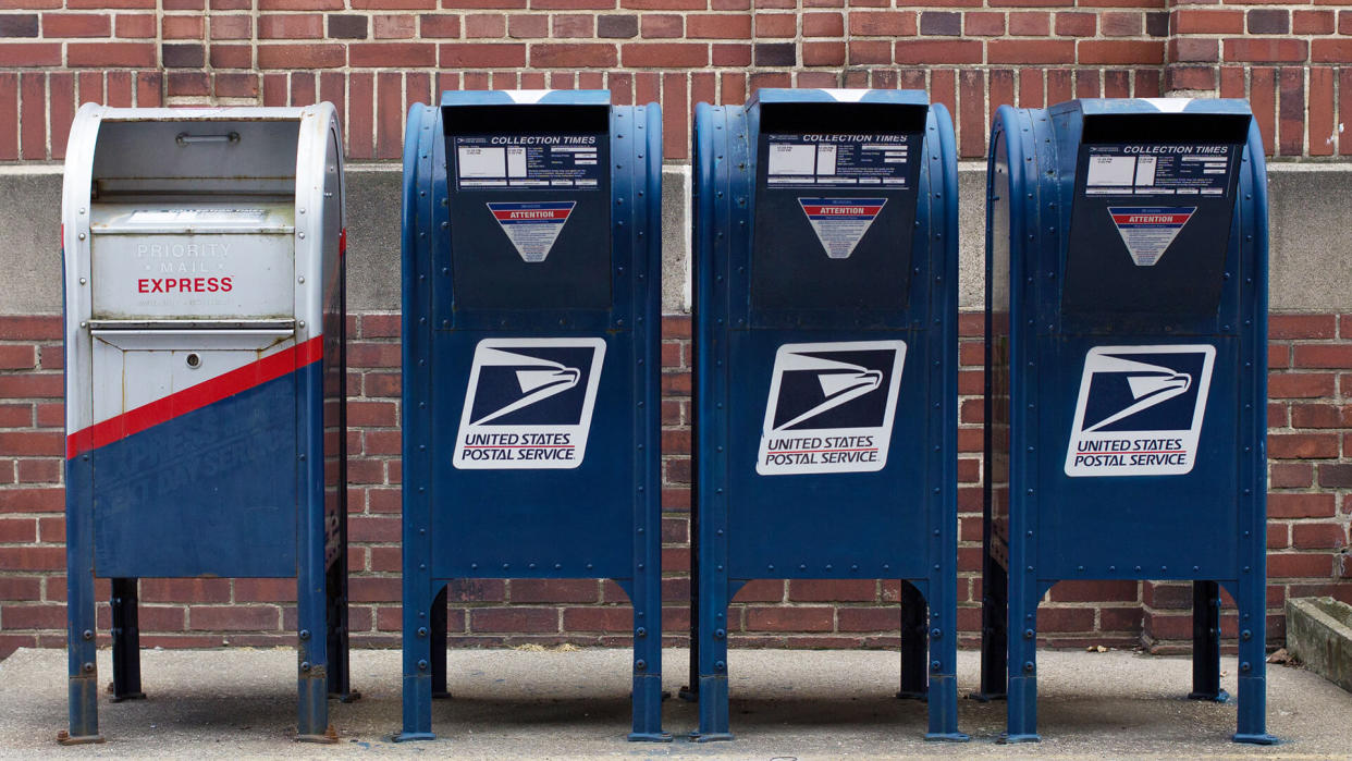 Clarion, PA / United States - February 25 2018: USPS boxes in a row outside the post office.