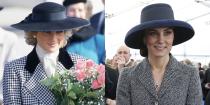 <p>Diana in an Alistair Blair-designed outfit and Milliner Philip Somerville-designed hat during a visit to Munich, Germany, in 1987; Kate in a Michael Kors coat dress during a service of commemoration in London in 2017.</p>