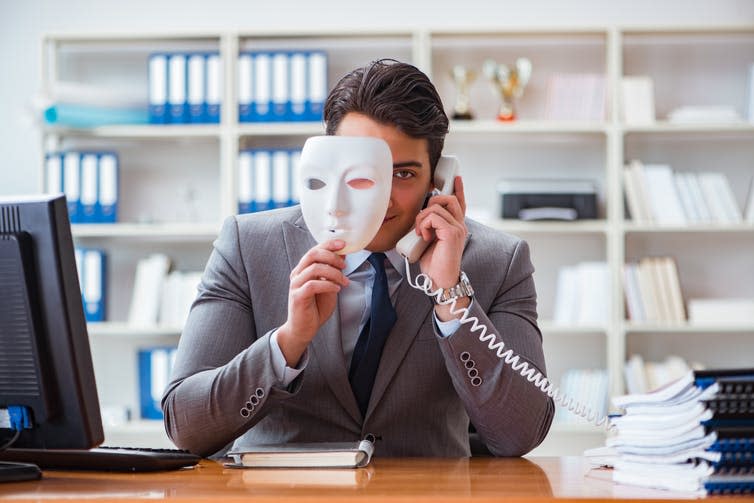 <span class="caption">Open to scammers.</span> <span class="attribution"><a class="link " href="https://www.shutterstock.com/image-photo/businessman-mask-office-hypocrisy-concept-662294494?src=iXepXE2la_67QdrLh6dKwA-1-8" rel="nofollow noopener" target="_blank" data-ylk="slk:Elnur/Shutterstock;elm:context_link;itc:0;sec:content-canvas">Elnur/Shutterstock</a></span>