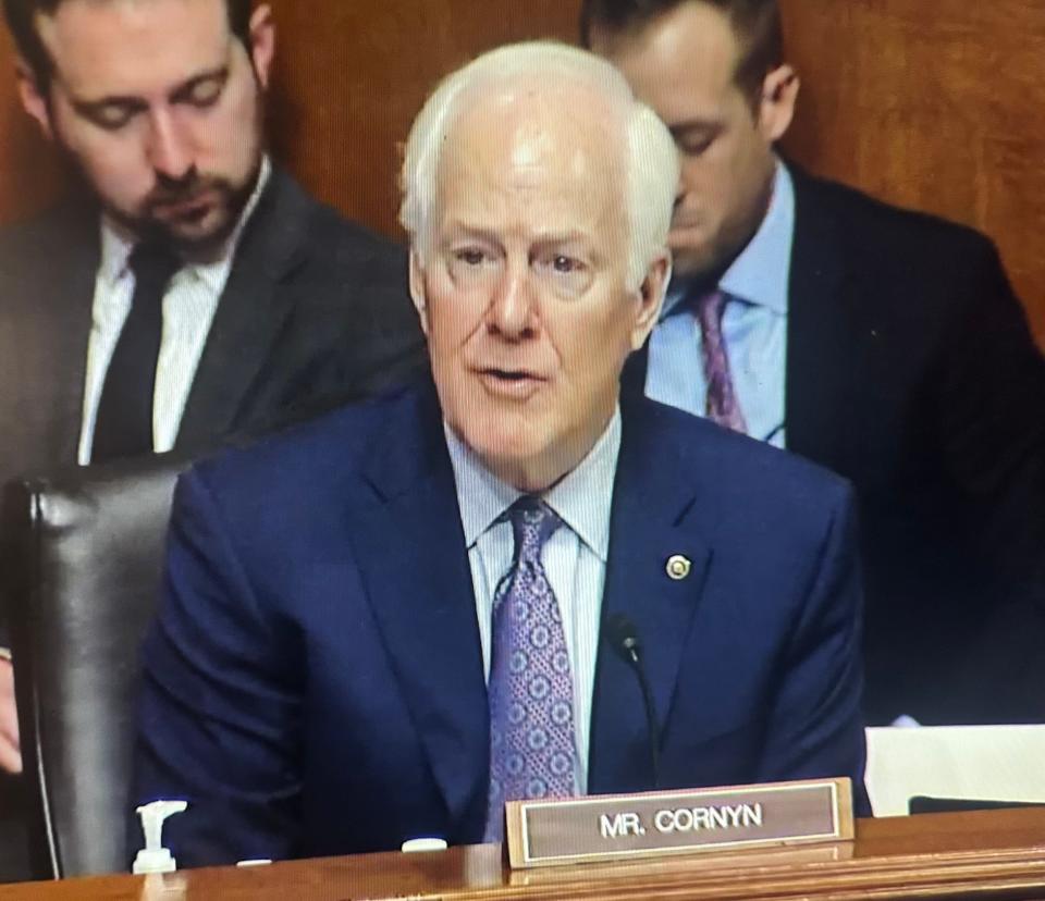 U.S. Sen. John Cornyn, R-TX, introduces El Paso federal magistrate Judge Leon Schydlower and U.S. Department of Justice Senior Attorney Advisor Ernesto Gonzalez during a Wednesday, Jan. 24, 2024, hearing before the U.S. Senate Committee on the Judiciary in Washington, D.C.