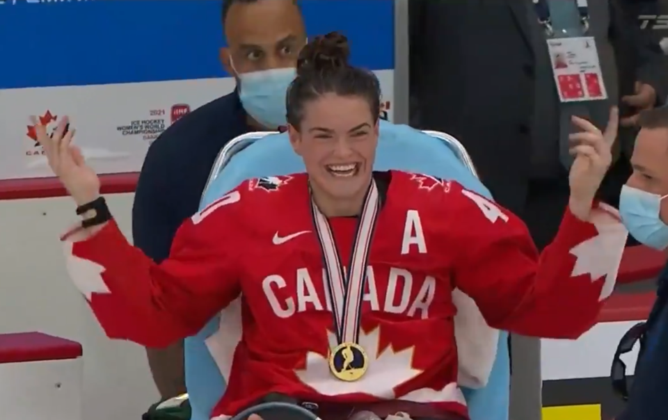 Nobody has more fun celebrating a gold medal than the Canadian national women's hockey team, and Blayre Turnbull wasn't about to sit this one out. (Twitter/TSN)