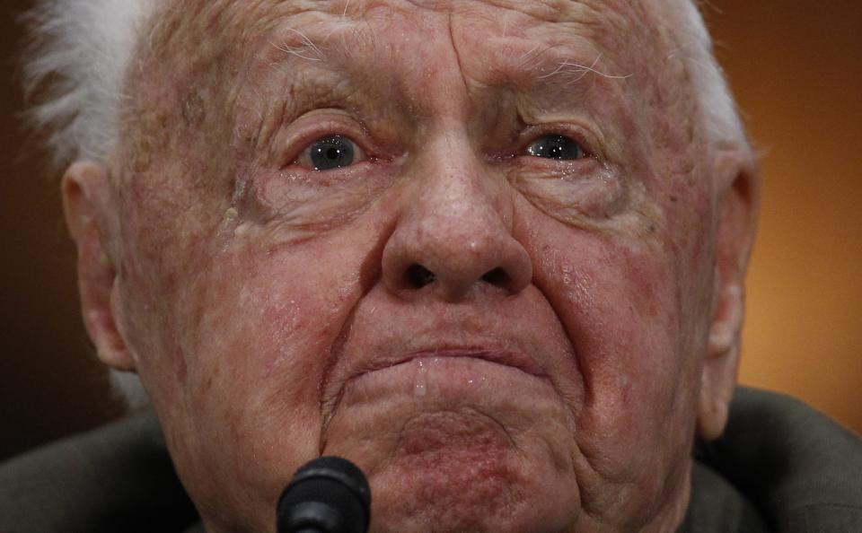 Actor Mickey Rooney speaks at a Senate hearing on elder abuse, neglect and financial exploitation on Capitol Hill in Washington in this March 2, 2011 file photo. Rooney, the pint-sized screen dynamo of the 1930s and 1940s best known for his boy-next-door role in the Andy Hardy movies, died on April 6, 2014 at 93, the TMZ celebrity website reported. It did not give a cause of death and a spokesman was not immediately available for comment. REUTERS/Jim Young/Files (UNITED STATES - Tags: ENTERTAINMENT PROFILE OBITUARY)