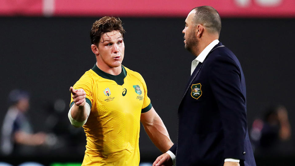 Michael Hooper speaking to Michael Cheika after the Fiji-Wallabies match.