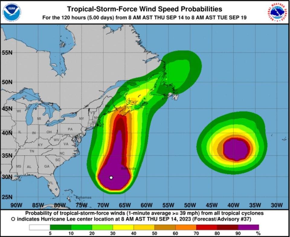 Central Massachusetts currently has a low probability of sustained tropical storm-force winds on Saturday, but winds may still gust over 40 mph.