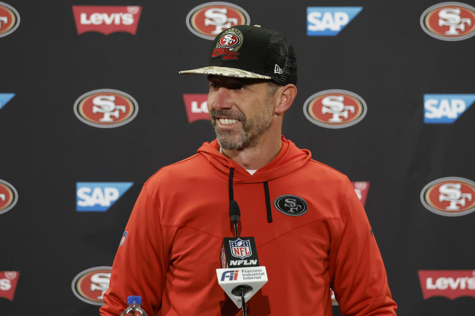 San Francisco 49ers head coach Kyle Shanahan speaks at a news conference after an NFL football game against the Tampa Bay Buccaneers in Santa Clara, Calif., Sunday, Dec. 11, 2022. (AP Photo/Jed Jacobsohn)