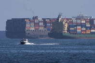 This Oct. 19, 2021, photo shows the stern of the Mediterranean Shipping Company S.A., MSC DANIT, left, a large container ship anchored outside the Port of Los Angeles. Federal investigators have said they believe the 1,200-foot (366-meter) cargo ship dragging anchor in rough seas caught the pipeline operated by Houston-based Amplify Energy and pulled it across the seafloor early this year. At right is the AS Constantina container ship. They have not determined whether impact with the Panama-registered MSC DANIT caused this spill or if the line was hit by something else or failed due to a preexisting problem. (AP Photo/Damian Dovarganes)