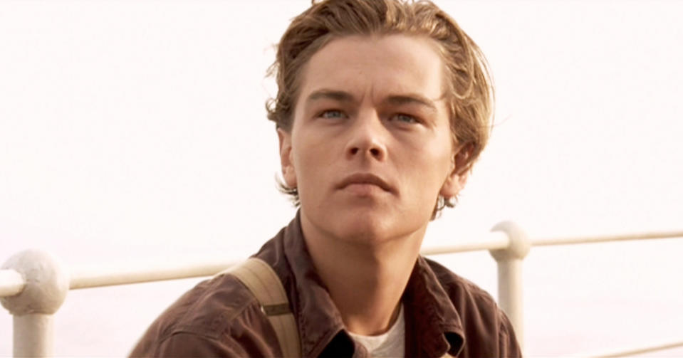 A closeup of Leo in a scene from "Titanic"