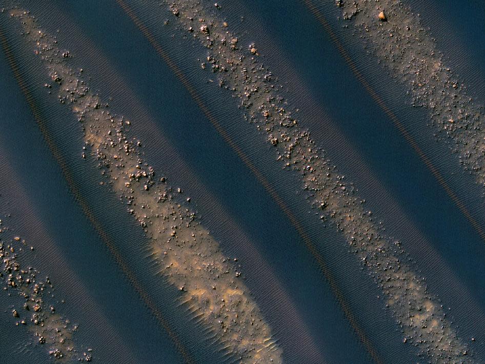 Semejantes a surcos de cultivo perfectamente trazados, estas dunas de arena han quedado atrapadas en el suelo de varios cráteres de Marte, como este ejemplo gráfico del cráter Noachis Terra, al occidente de la Cuenca Hellas, de diciembre 28 de 2009. NASA/JPL-Caltech/University of Arizona