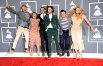 (L-R) Orpheo McCord, Jade Castrinos, Alex Ebert and Nora Kirkpatrick of Edward Sharpe and the Magnetic Zeros arrive at the 55th Annual Grammy Awards at the Staples Center in Los Angeles, CA on February 10, 2013.