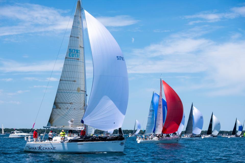 Boats release their spinnakers after starting in the 2019 Bayview Mackinac Race July 20, 2019 on Lake Huron.