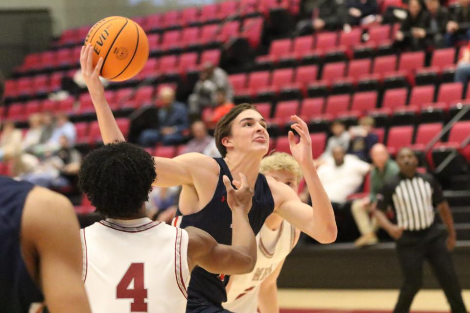 Brentwood Academy's George MacIntyre rises up for a shot in the lane in the first quarter against MBA during their high school basketball game Thursday, Feb. 1, 2024 at MBA in Nashville, Tennessee.