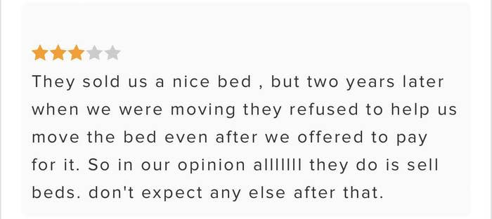 reviewer saying the store didn't want to help them move the bed 2 years later