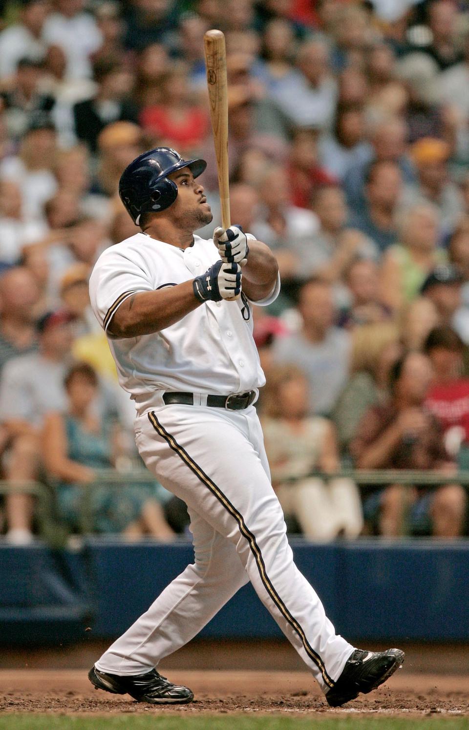 Prince Fielder hits a pinch-hit three-run home run during the sixth inning against the Minnesota Twins on Saturday, June 25, 2005, in Milwaukee. The home run was Fielder's first major league home run. The Brewers won, 7-6.