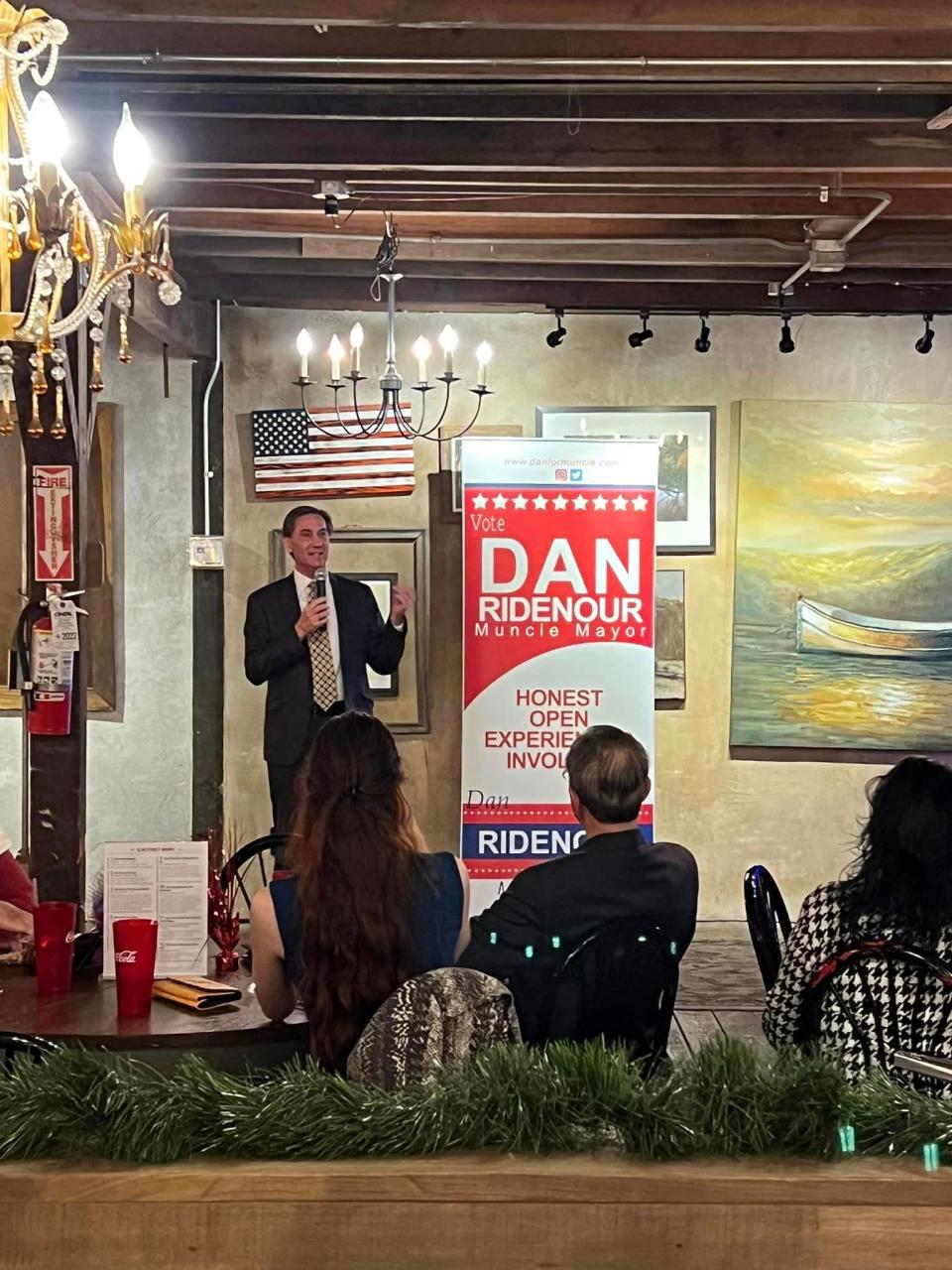 Muncie Mayor Dan Ridenour announces his bid for re-election Tuesday before a group of supporters at Elm Street Brewery.