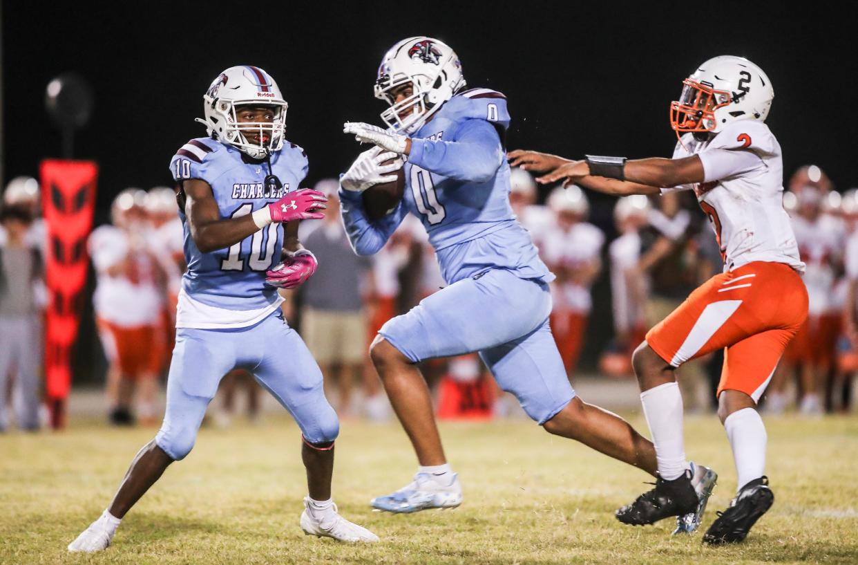 JTown's Camron McDaniels breaks for the end zone after this fourth quarter catch to help put the Chargers within three points to DeSales in a thriller Thursday night. The Chargers had a chance for a game-winning touchdown but were stopped one yard short as time expired. The Colts stopped JTown's seven game winning streak. Oct. 12, 2023.