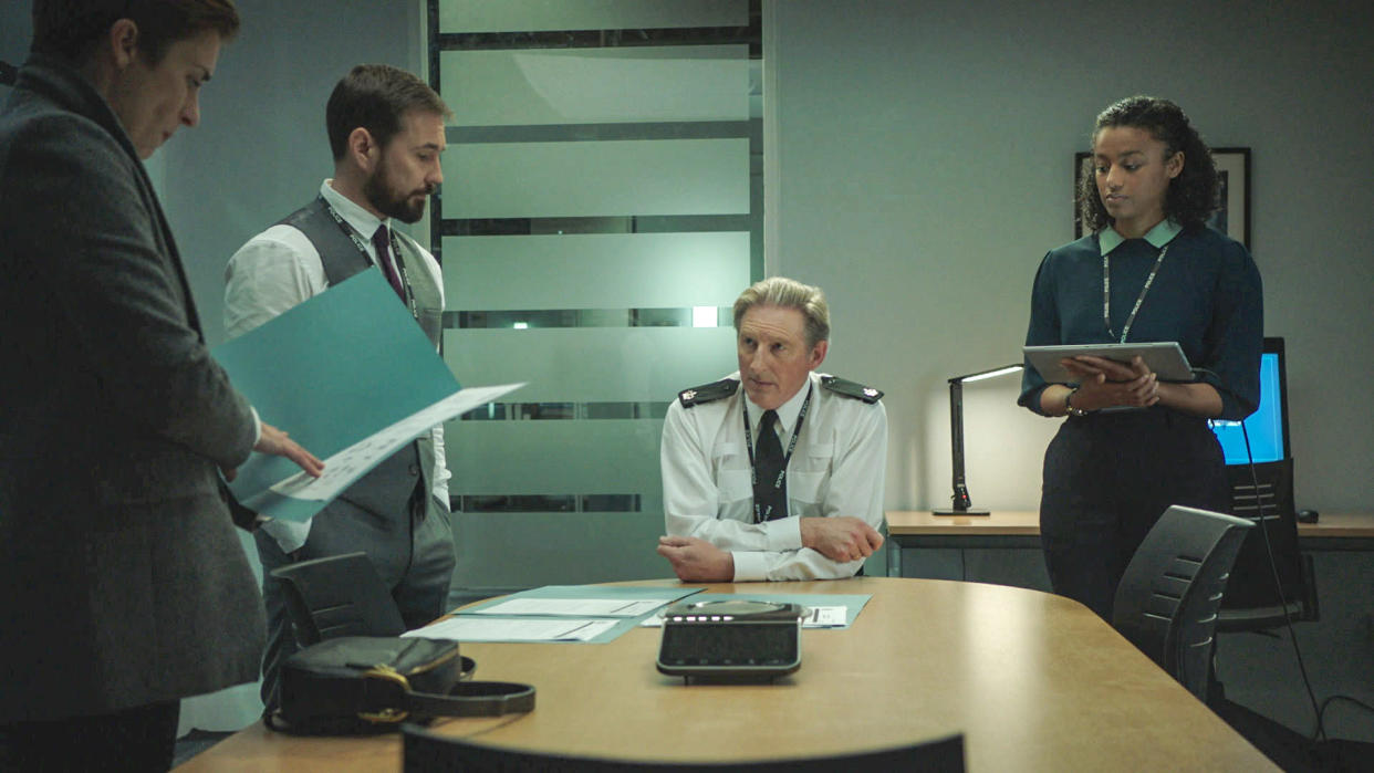 WARNING: Embargoed for publication until 00:00:01 on 13/04/2021 - Programme Name: Line of Duty S6 - TX: n/a - Episode: Line Of Duty - Ep 5 (No. n/a) - Picture Shows:  DI Kate Fleming (VICKY MCCLURE), Superintendent Ted Hastings (ADRIAN DUNBAR), DI Steve Arnott (MARTIN COMPSTON), DC Chloe Bishop (SHALOM BRUNE-FRANKLIN) - (C) World Productions - Photographer: Screen Grab