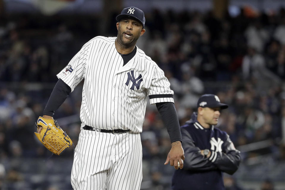 New York Yankees' pitcher CC Sabathia reacts as he waits to be relieved during the eighth inning of Game 4 of baseball's American League Championship Series against the Houston Astros, Thursday, Oct. 17, 2019, in New York. (AP Photo/Frank Franklin II)