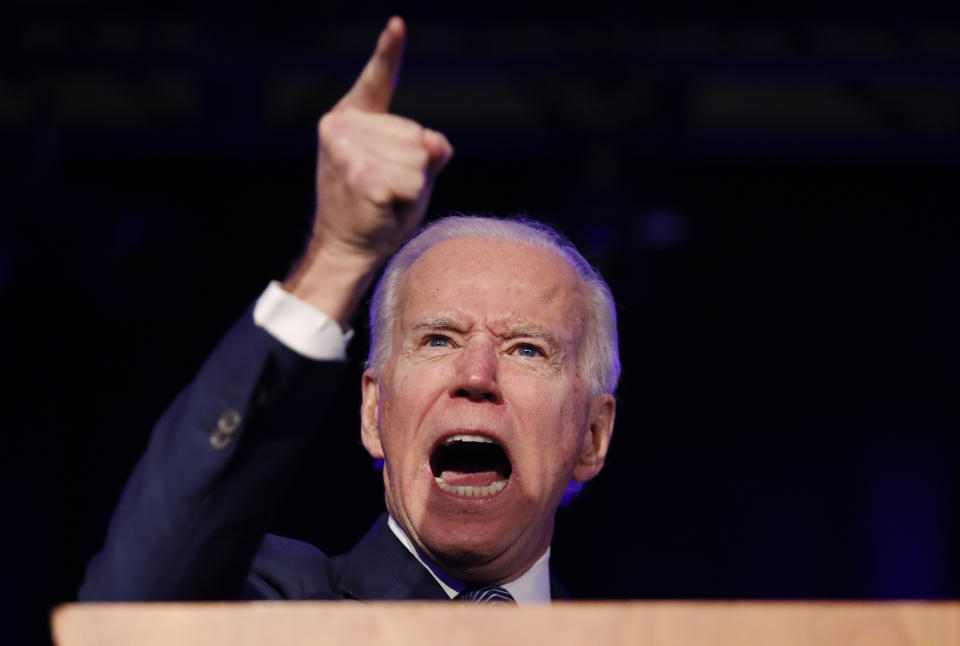 Democratic presidential candidate former Vice President Joe Biden speaks at the Clark County Democratic Party "Kick-Off to Caucus 2020" event, Saturday, Feb. 15, 2020, in Las Vegas. (AP Photo/John Locher)