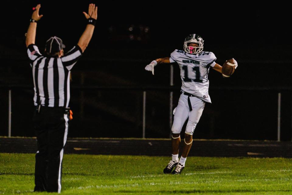 Malvern's Rodney Smith, celebrating a TD at Newcomerstown earlier this season, caught a TD pass Friday.
