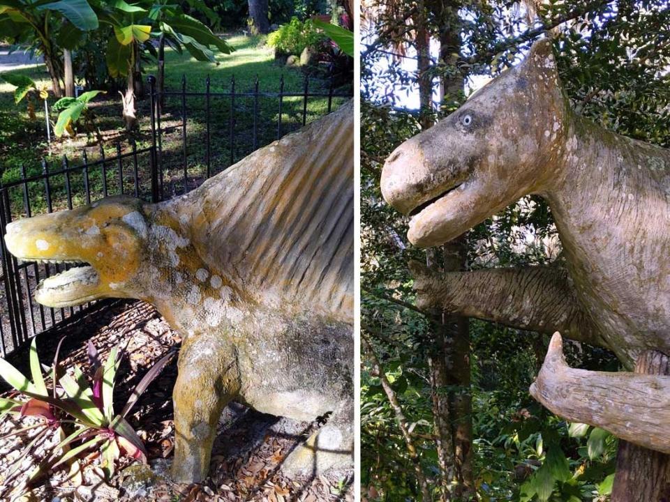 side by side images of two dinosaur statues