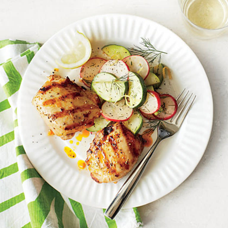 Spicy Grilled Chicken Thighs with Cucumber-Radish Salad