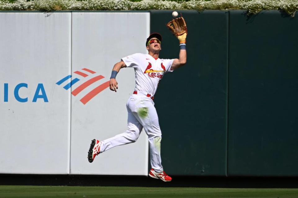 St. Louis Cardinals center fielder Lars Nootbaar catches a fly ball by Philadelphia Phillies’ Alec Bohm in the fifth inning of a baseball game, Sunday, Sept. 17, 2023, in St. Louis. (AP Photo/Joe Puetz)