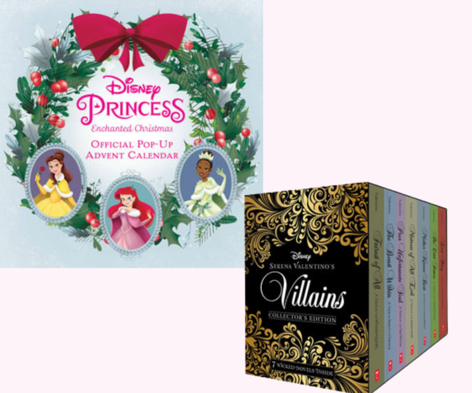 Top left is the Disney Princess official pop-up advent calendar book with a large green wreath on the front and Belle, Ariel and and another Princess on the right. Below is the collector's edition of Disney's book set of Villains.