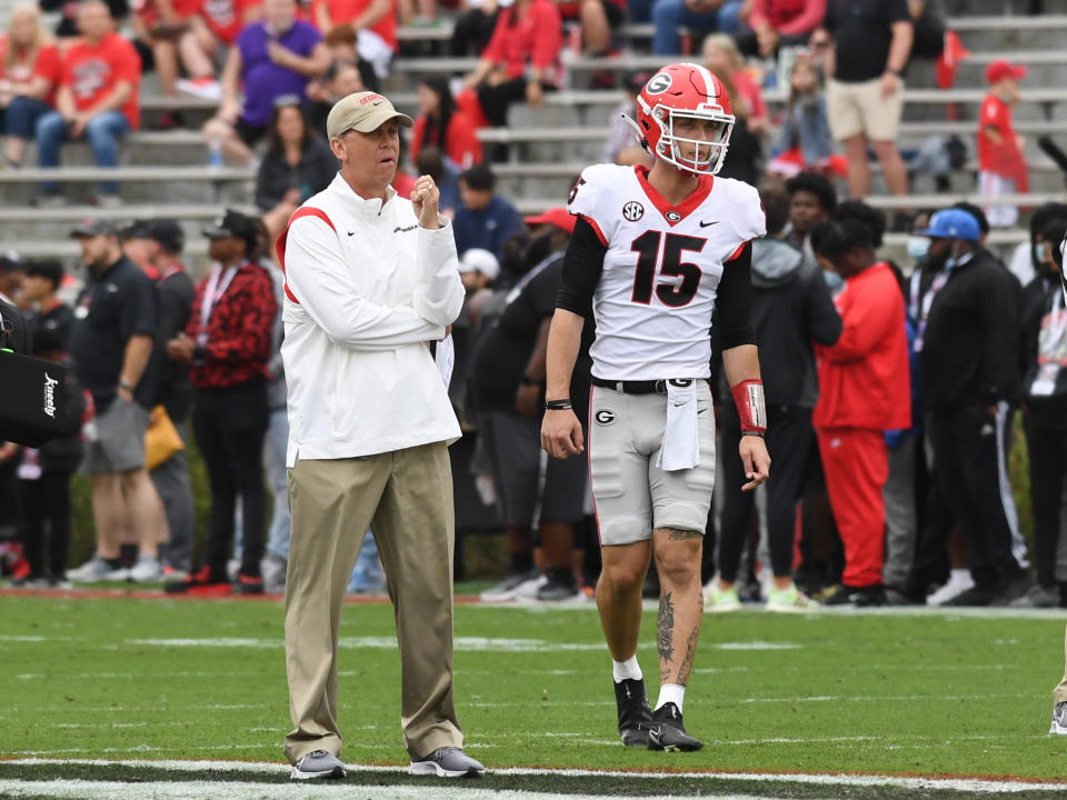 Under offensive coordinator Todd Monken, Georgia quarterback Stetson Bennett blossomed into a Heisman finalist. (Jeffrey Vest/Icon Sportswire via Getty Images)