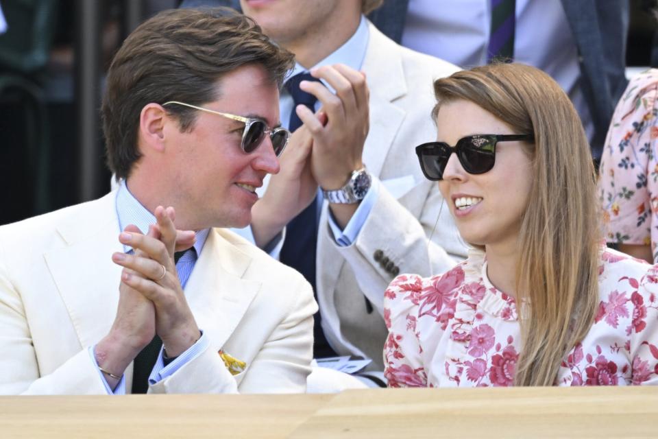 Edoardo Mapelli Mozzin and Princess Beatrice attend day 12 of the Wimbledon Tennis Championships at All England Lawn Tennis and Croquet Club on July 08, 2022 in London, England