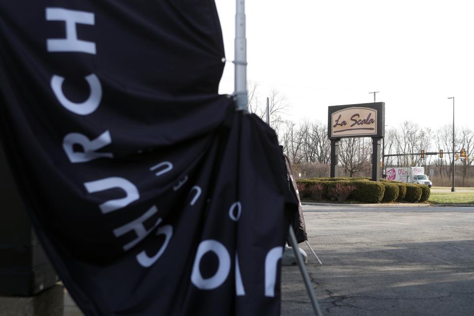 The La Scala sign at 4199 W. Dublin-Granville Road is shown March 30 in front of the former restaurant that is being converted to the Nuvo Church.