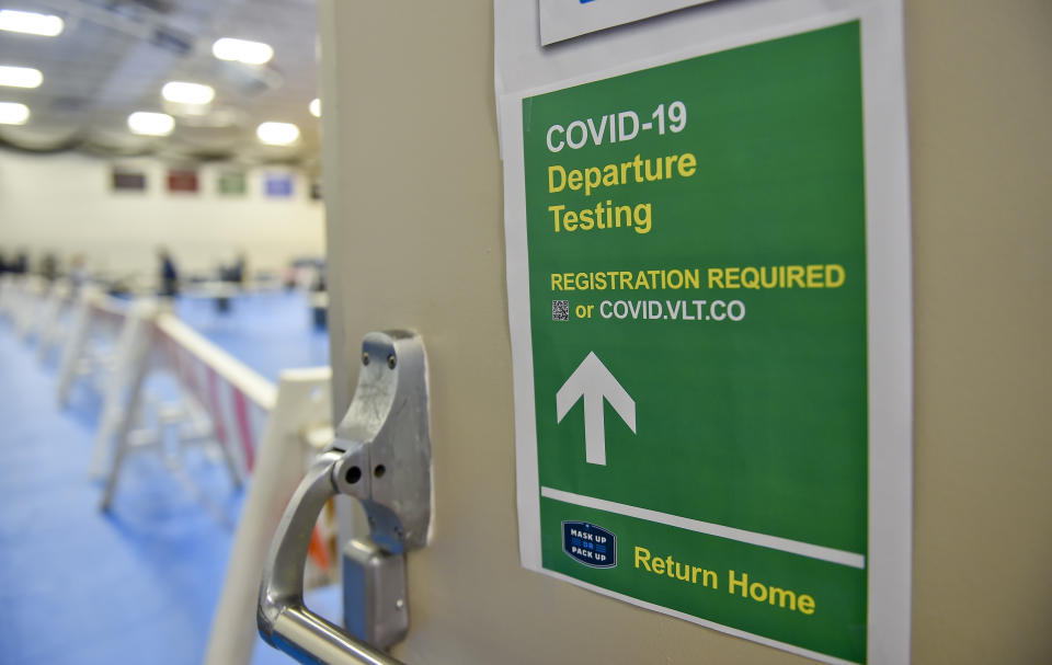 Spring Township, PA - November 16: A sign for COVID-19 Departure Testing. At the Penn State Berks Beaver Community Center gymnasium in Spring Township Monday morning November 16, 2020, where students were doing saliva COVID-19 departure tests ahead of going home for the Thanksgiving break. (Photo by Ben Hasty/MediaNews Group/Reading Eagle via Getty Images)