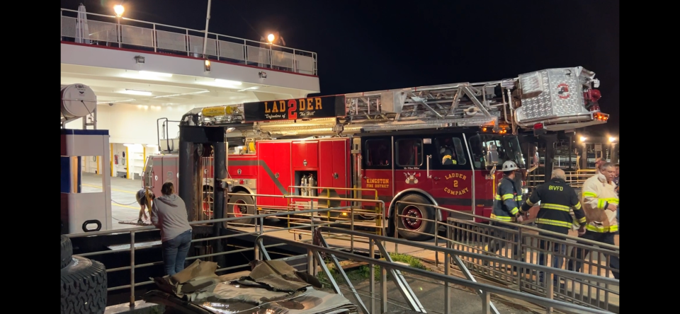 A fire truck from Kingston Fire Company rolls off the Block Island Ferry to help attack the Harborside Inn fire. Multiple fire districts in southern Rhode Island are part of Block Island's mutual-aid plan.